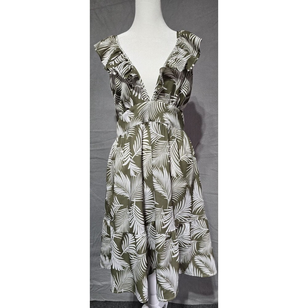 Cupshe Deep Midi Dress Large Leaf Print Ruffle Cami Strap Beach Vacation Festiva